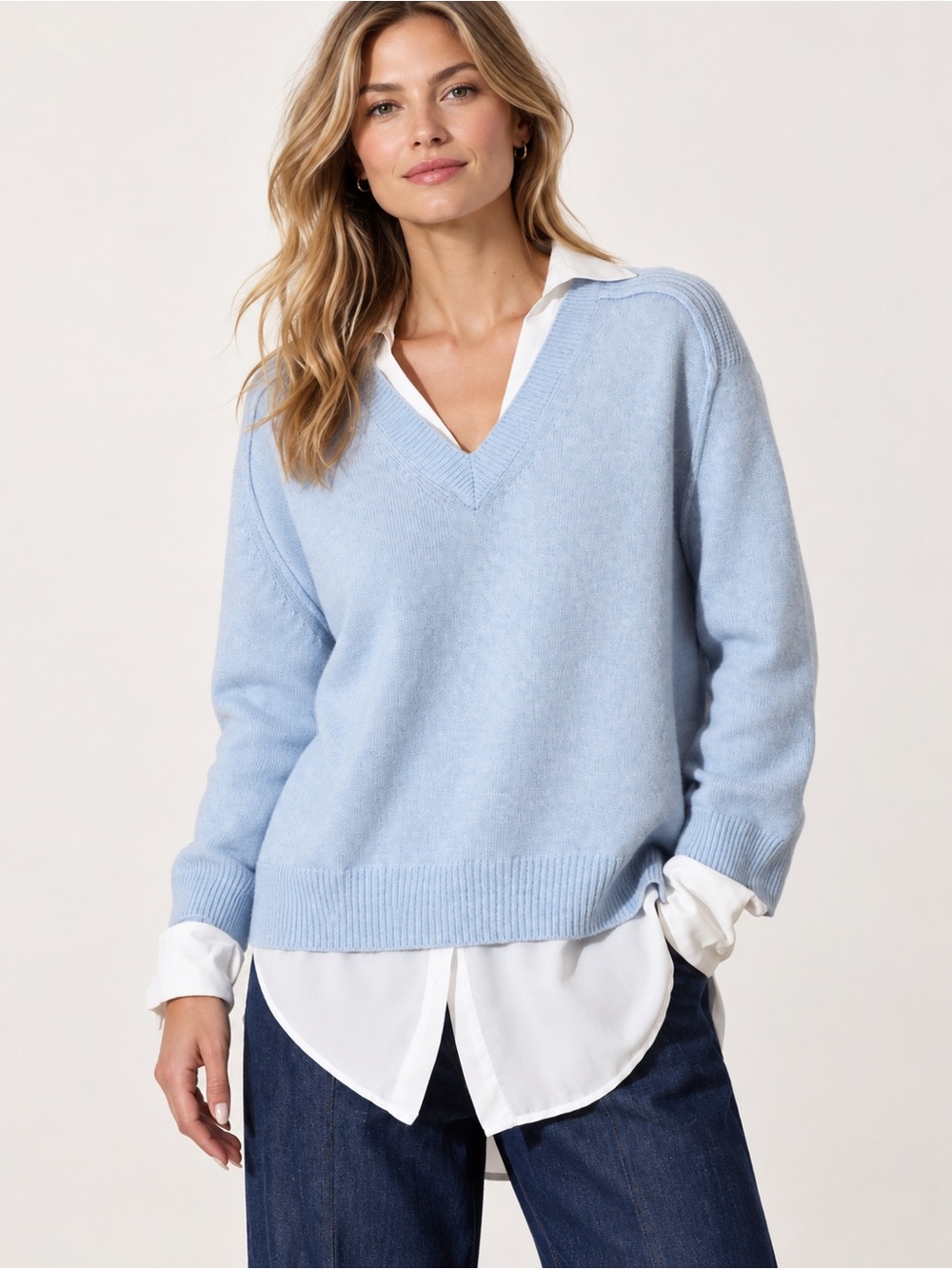 NEW Brochu Walker The Looker Layered V-Neck Wool Cashmere Sweater Skye Blue - Picture 3 of 16